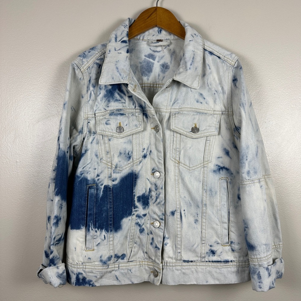 Free People Women's L Denim Jacket Blue Tie Dye Button Front Trucker 70s 60s